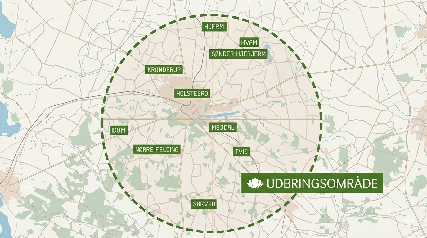 Kort over leveringsområde - 12 km radius omkring Holstebro