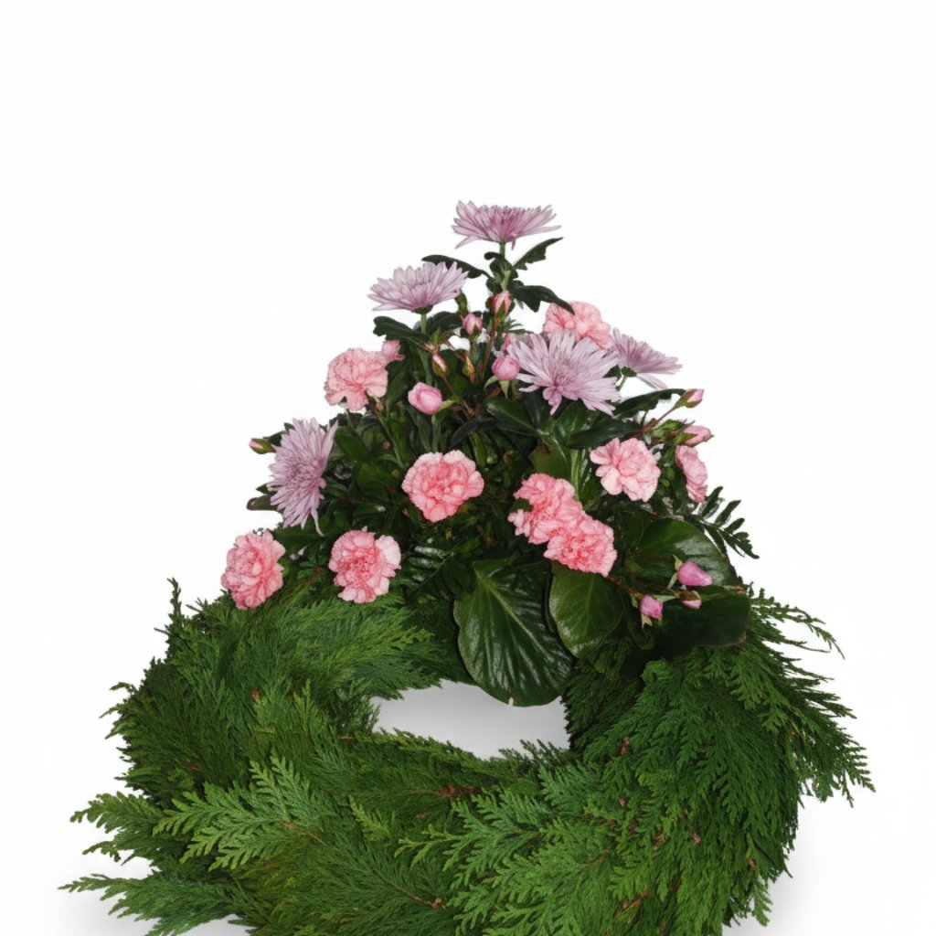 Krans med chrysanthemum og nelliker