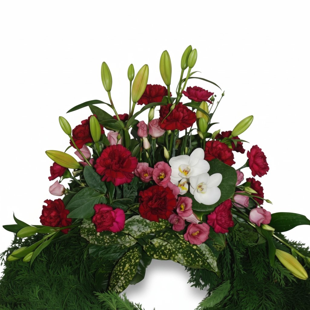 Krans med liljer, nelliker og orkideer