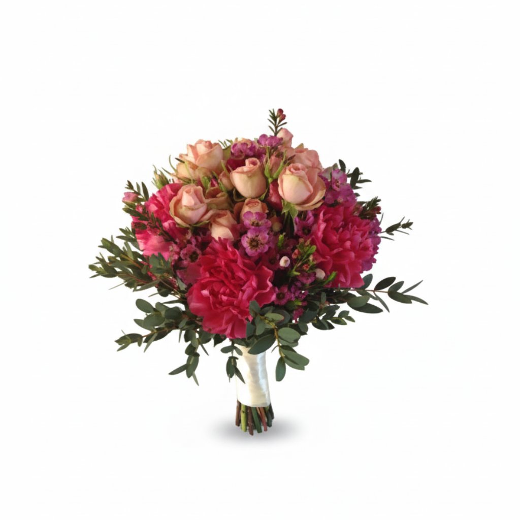 Brudebuket i rødlige farver