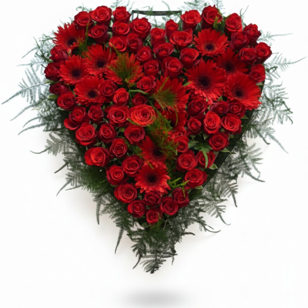Begravelseshjerte med røde roser