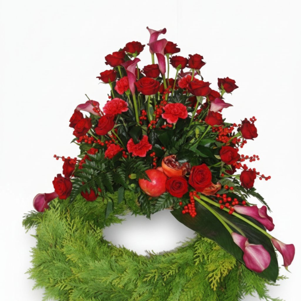 Krans med roser, nelliker og kallaer