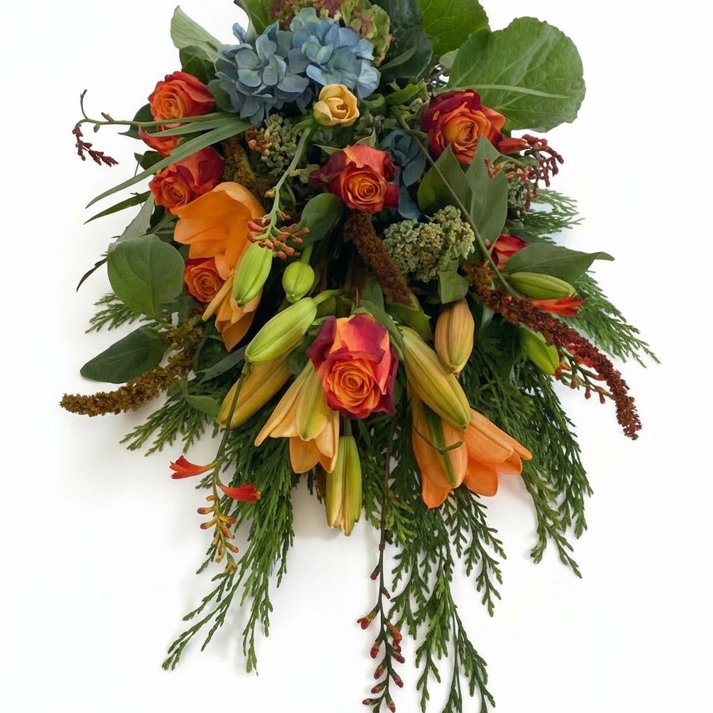 Bårebuket med orange roser